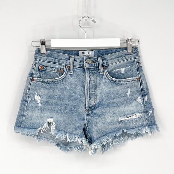 AGOLDE Parker Denim Shorts Swapmeet Raw Hem Distressed Women’s Size 23 Cotton - Picture 2 of 5